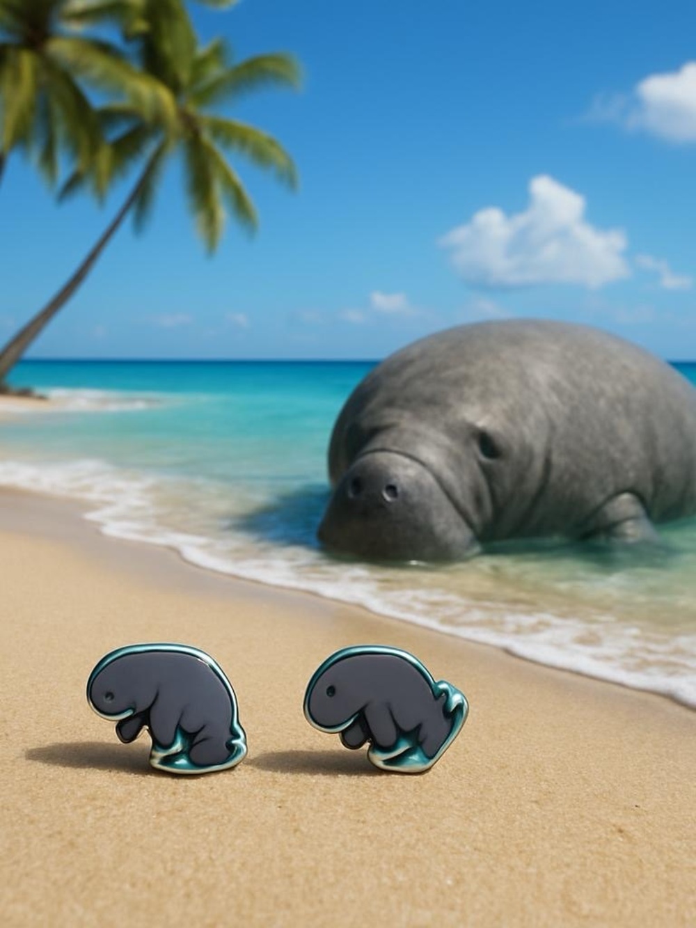 Manatee Enamel Stud Earrings - Gray with Teal Accents